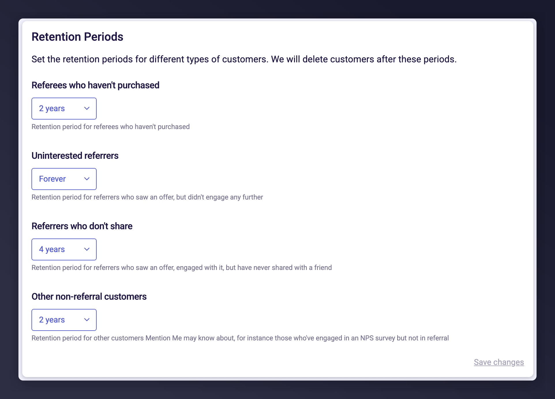 The Retention Periods settings page listing referees, uninterested referrers, non-sharing referrers, and other non-referral customers