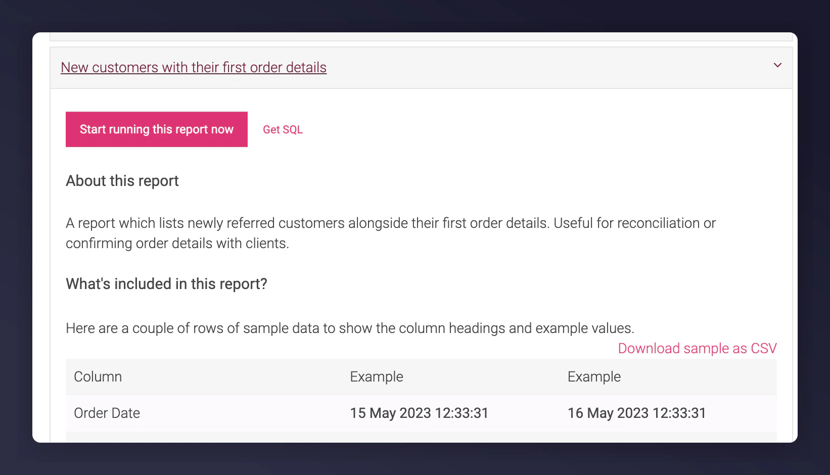 Available reports list