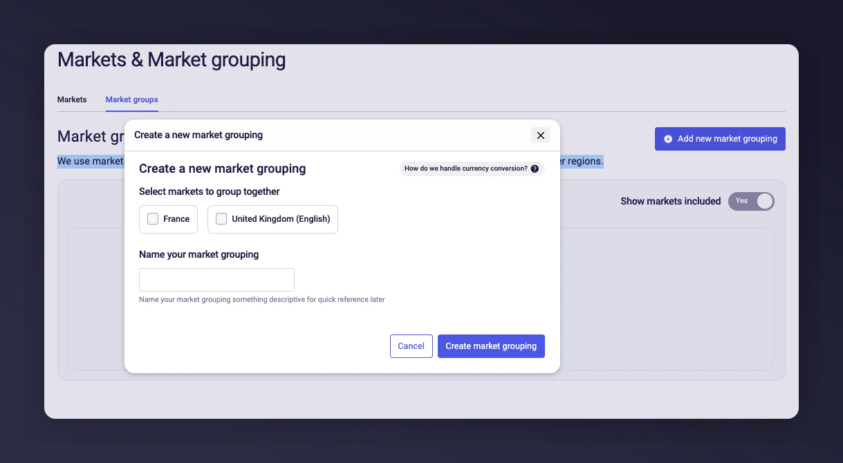 Market Groups page showing how to create a new market grouping