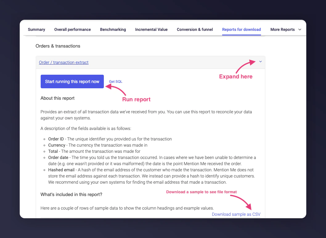Orders and transactions section