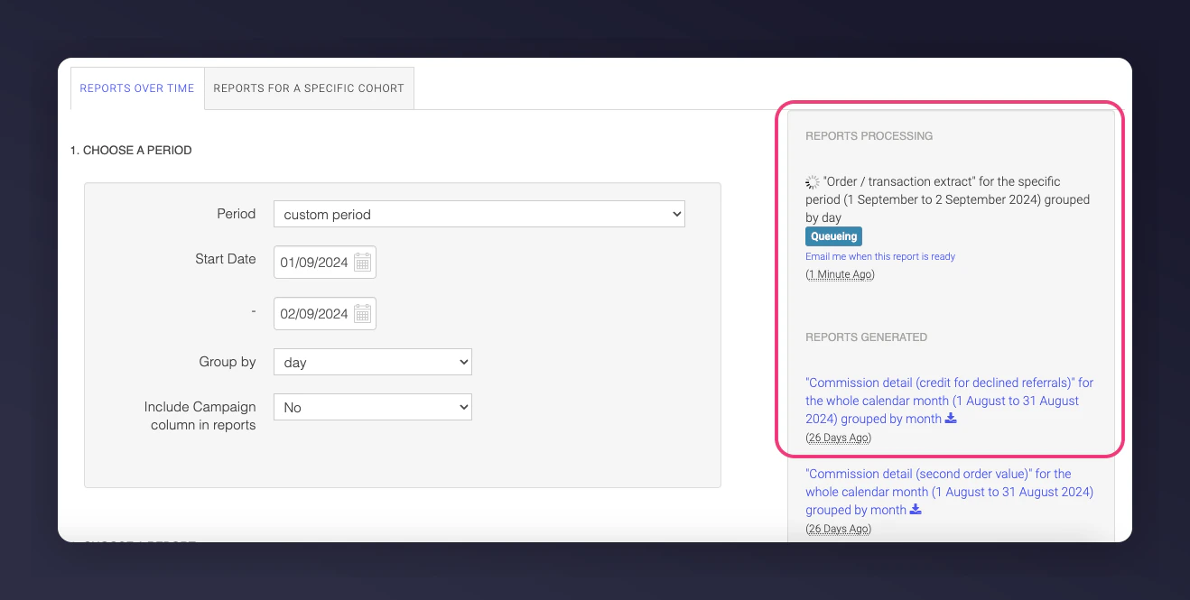 Reports Processing and Reports Generated sections