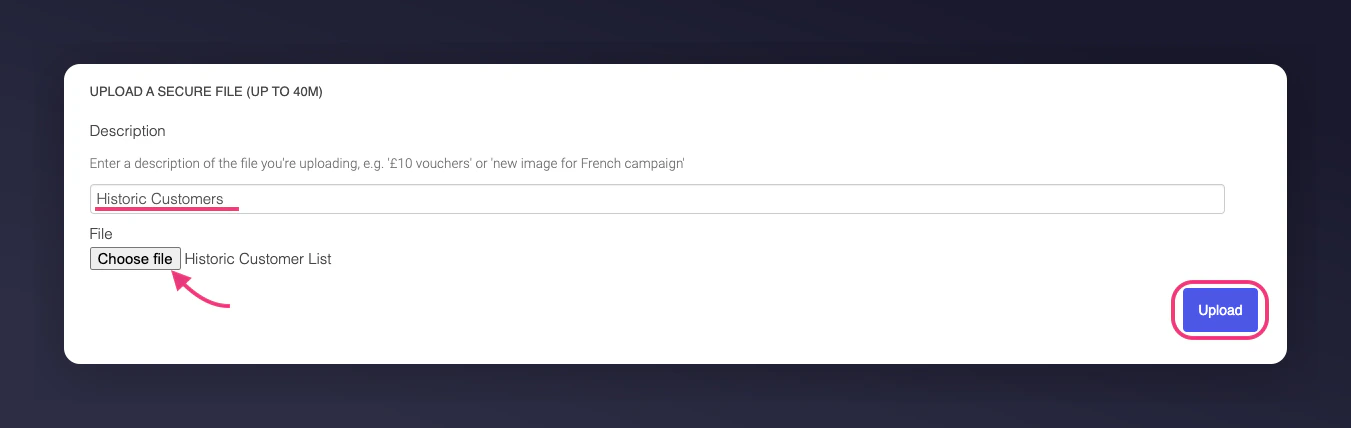 File upload form with description field