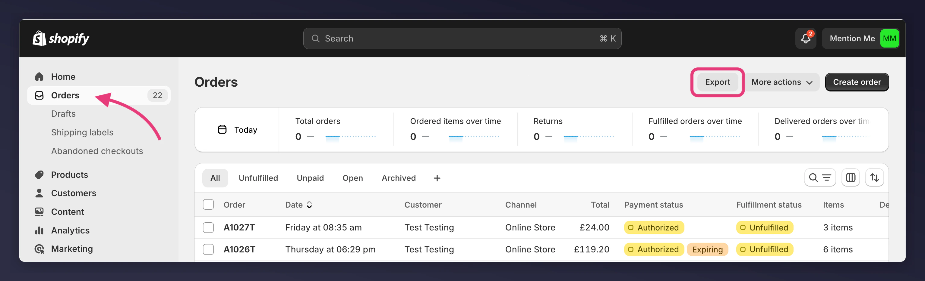 Shopify Orders page with Export button