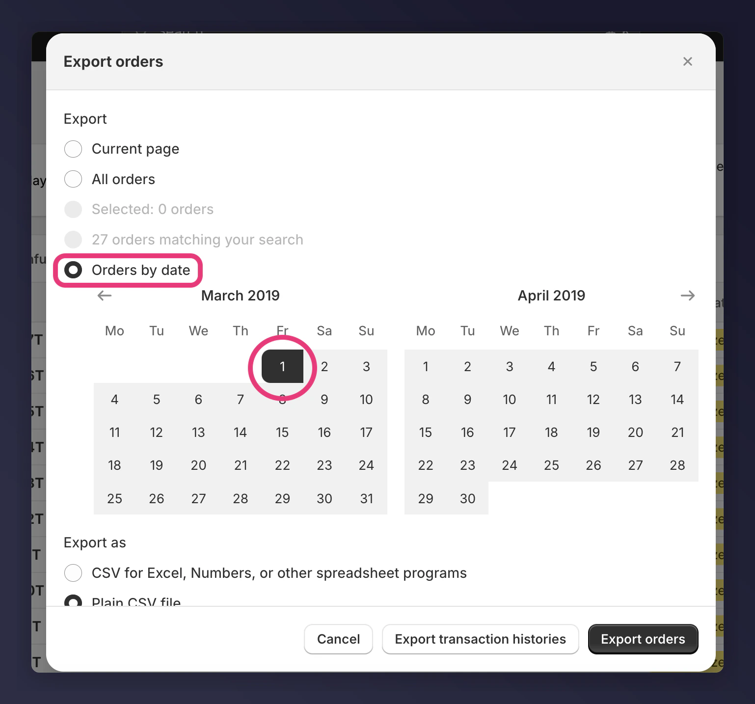 Shopify export orders dialog with date range and CSV options