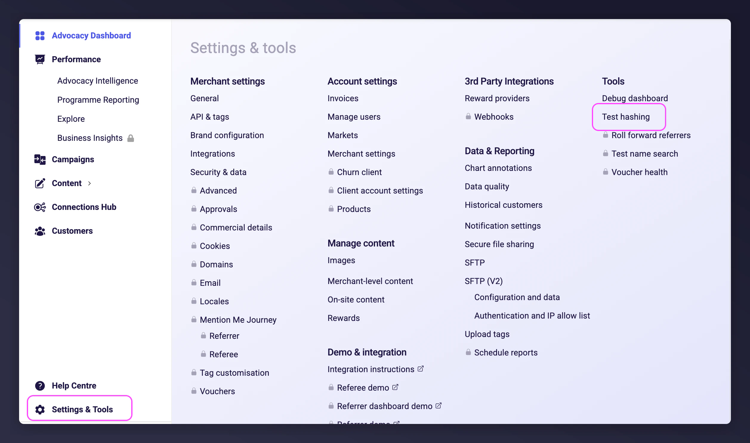 Test Hashing page in Settings and Tools