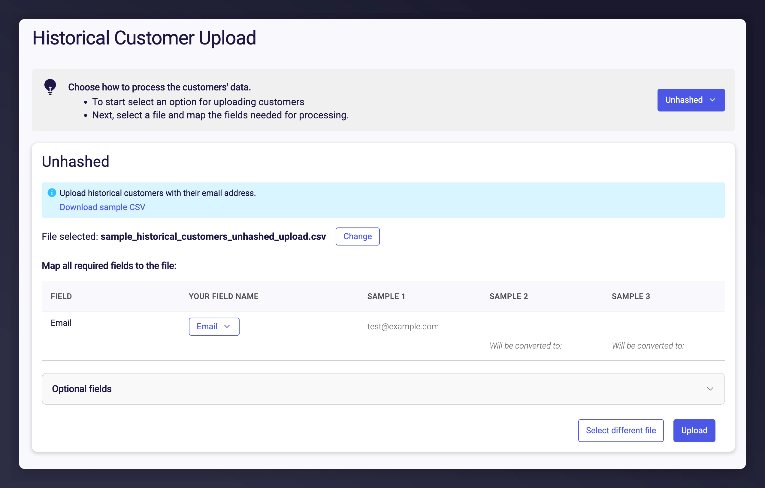 Historical customer uploader interface