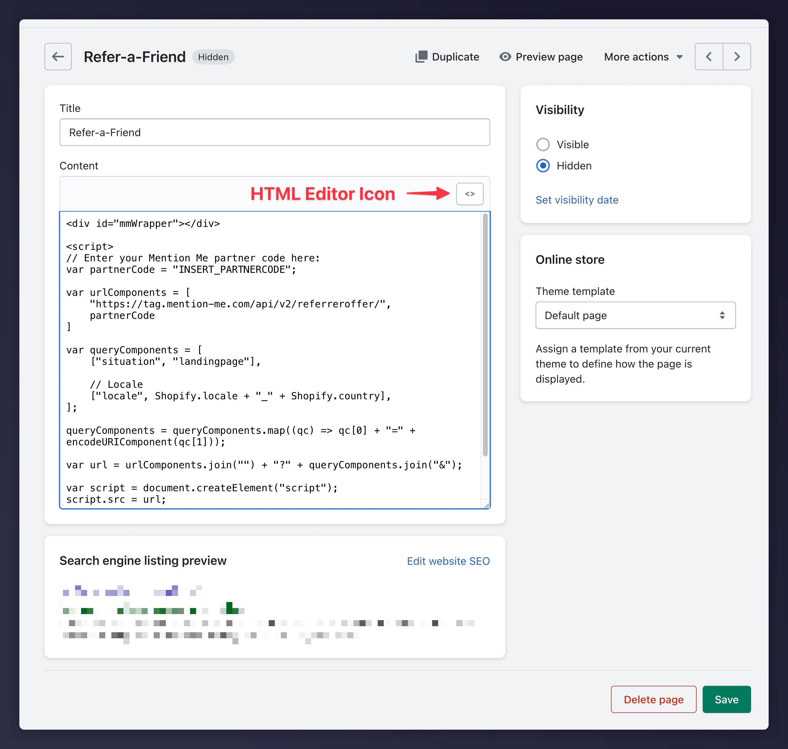Shopify page editor in HTML mode