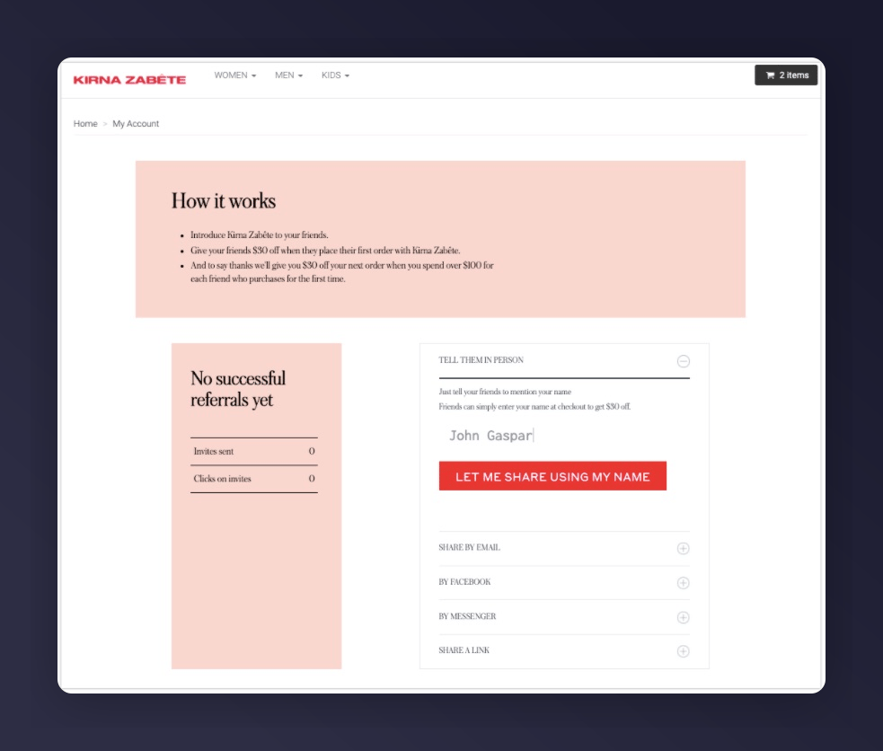 Mention Me referral dashboard in a Shopify store