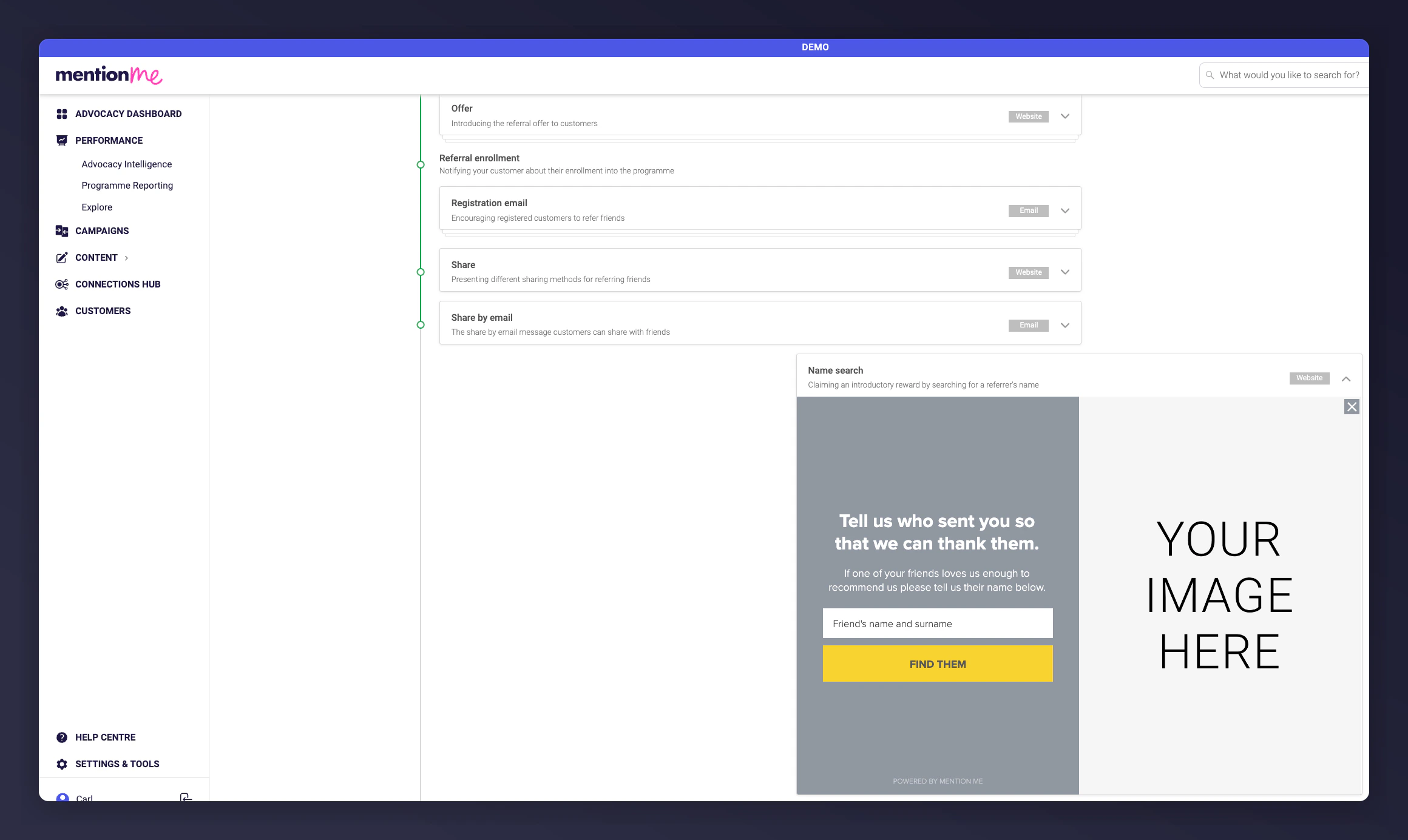 Mention Me platform Name search offer preview
