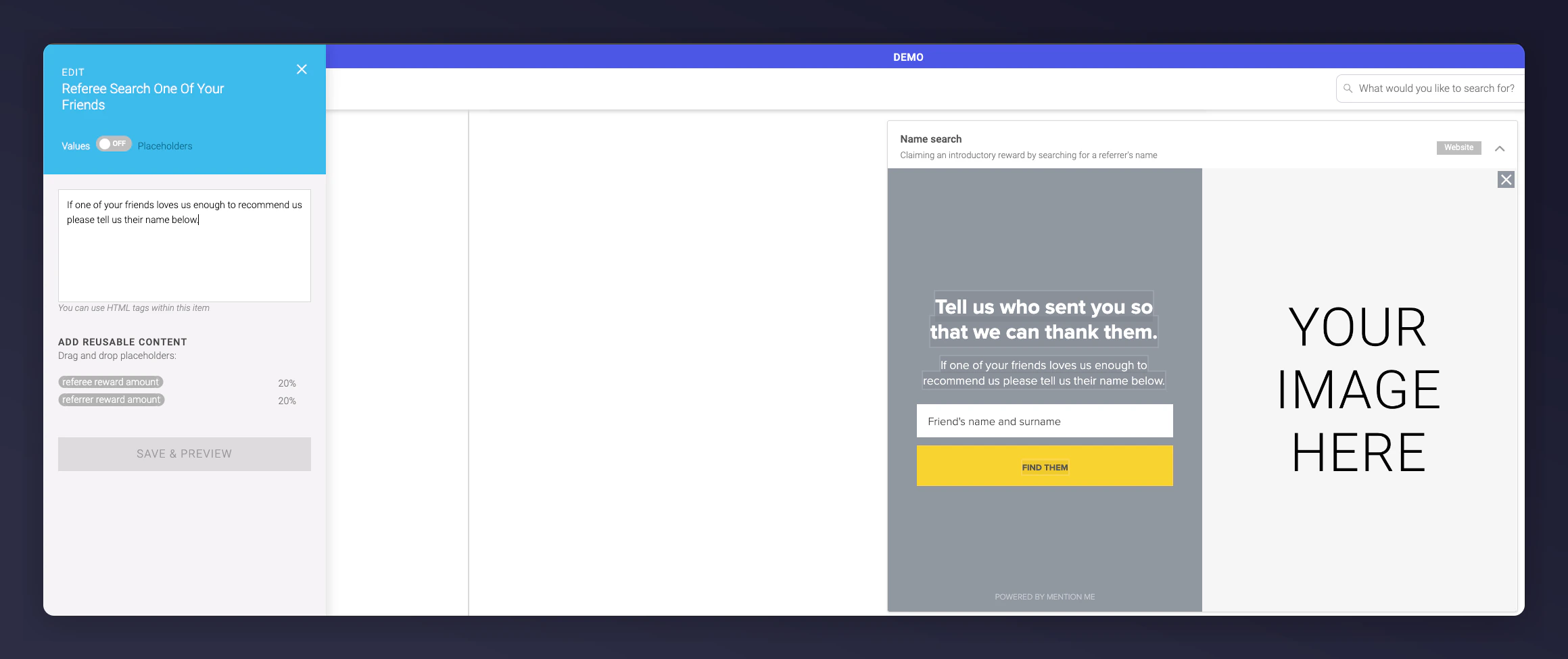 Updated copy preview in Mention Me platform