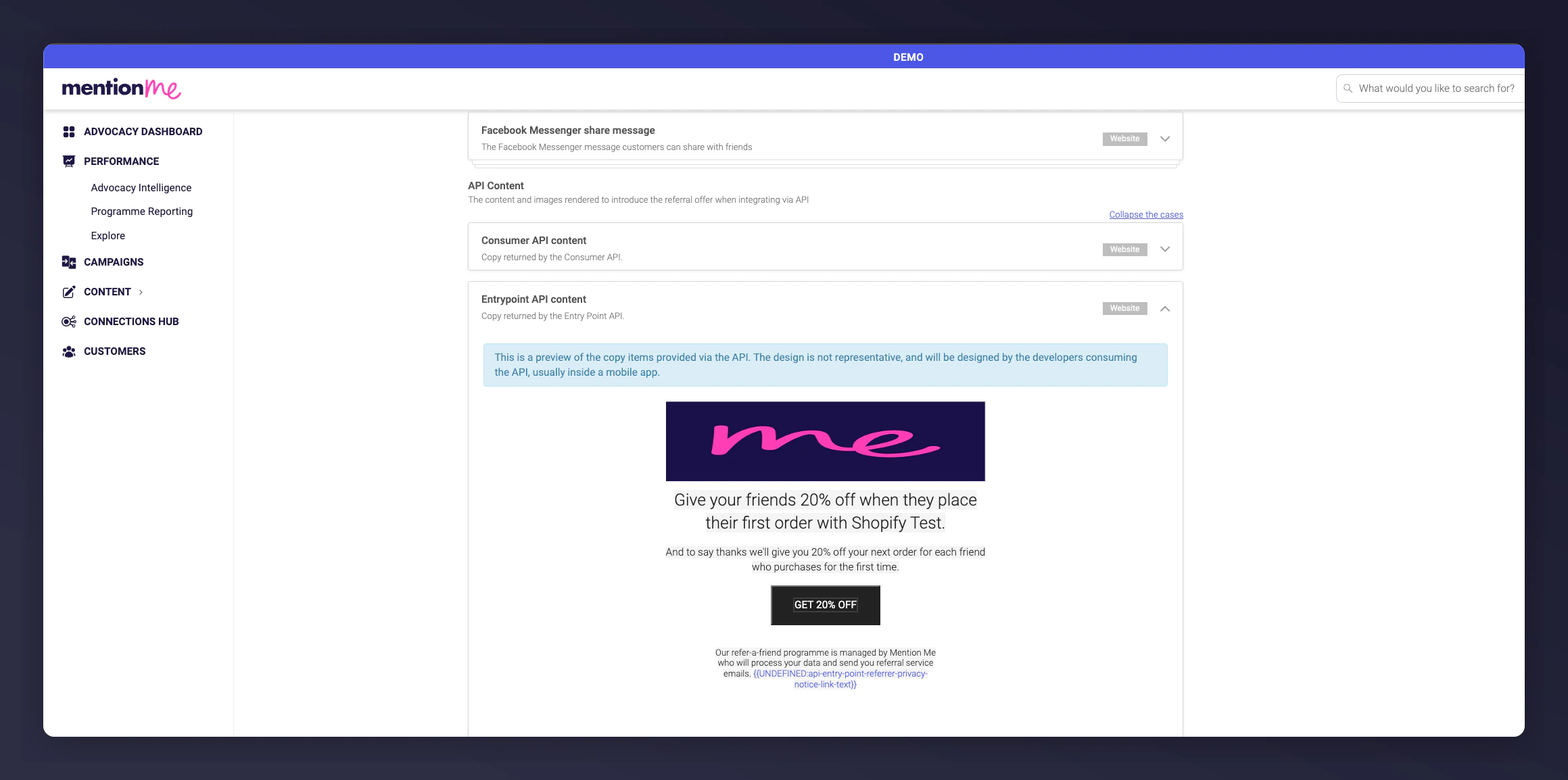 Mention Me platform EntryPoint API content editor