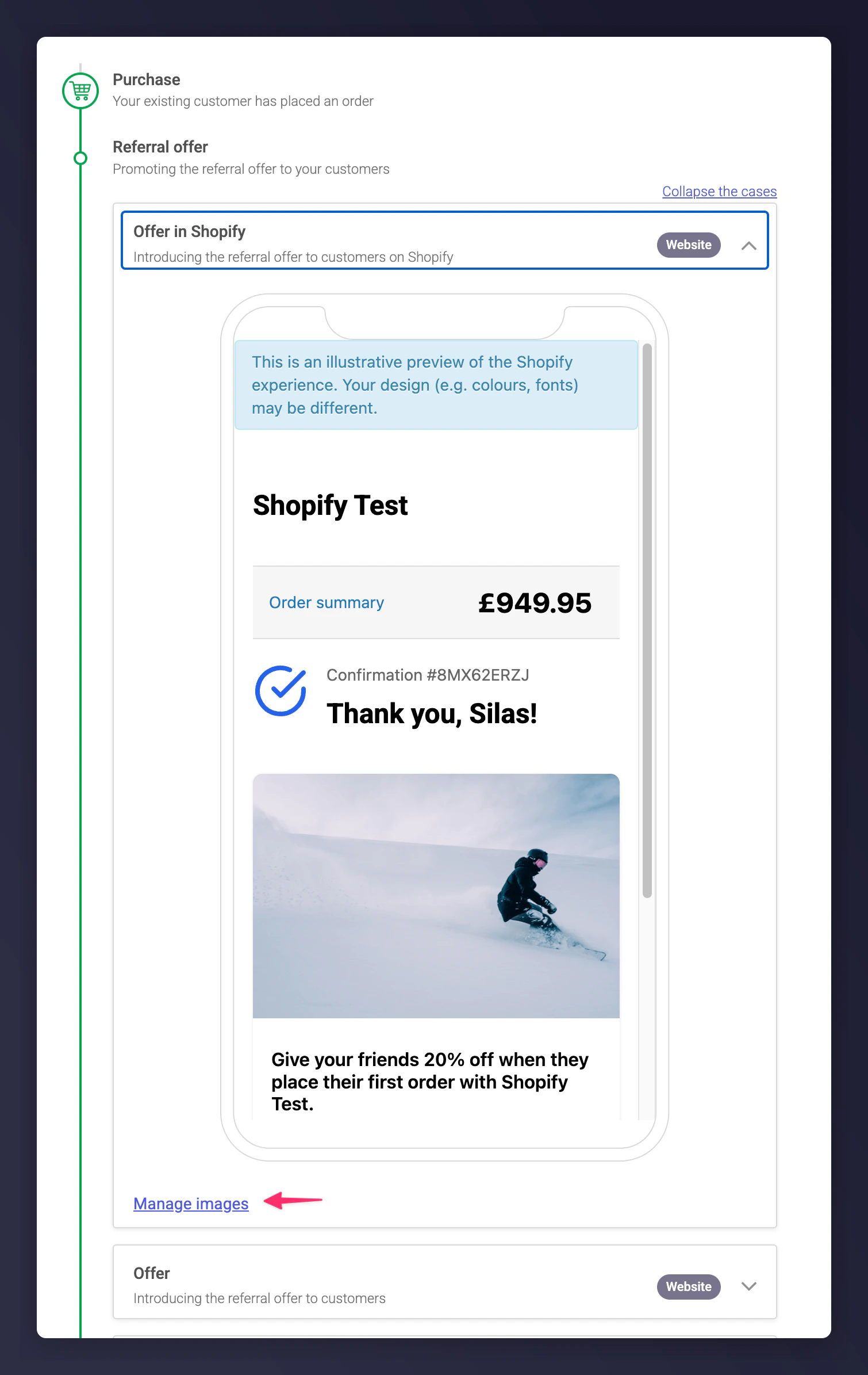 Mention Me offer preview with Manage Images button