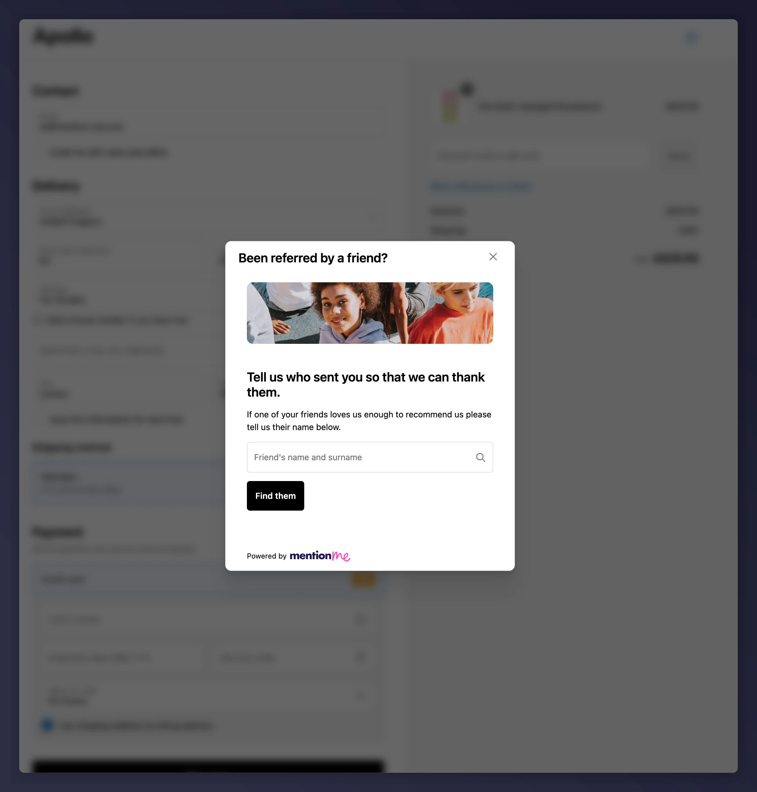 Referee journey checkout modal with brand image