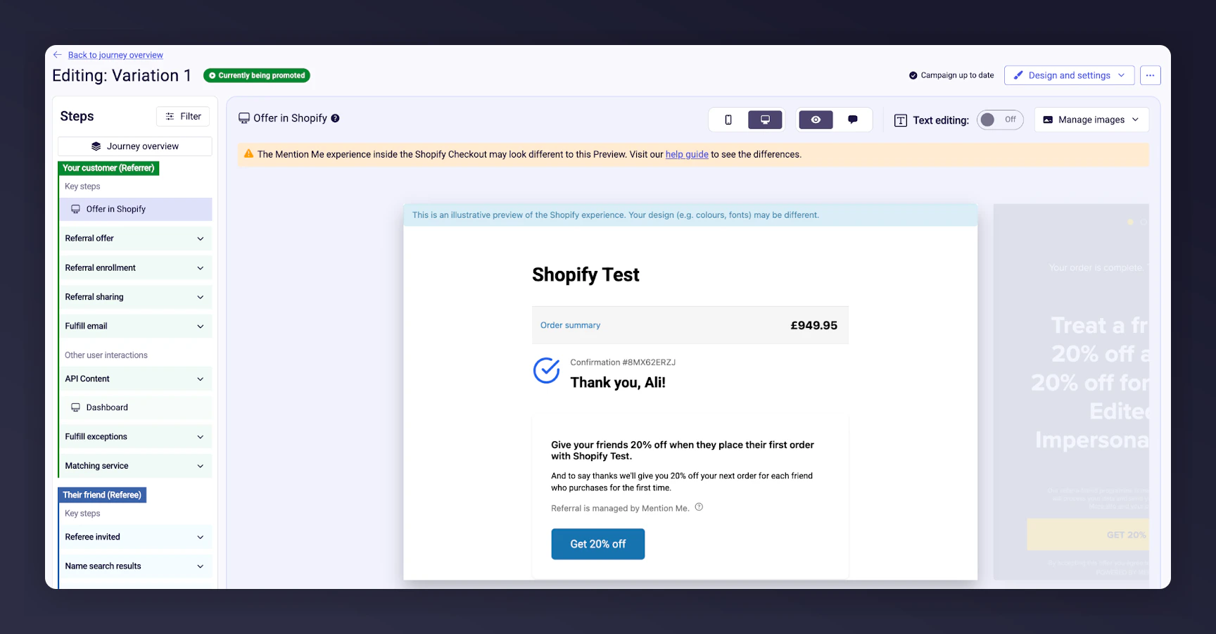 Mention Me platform offer preview with copy editing