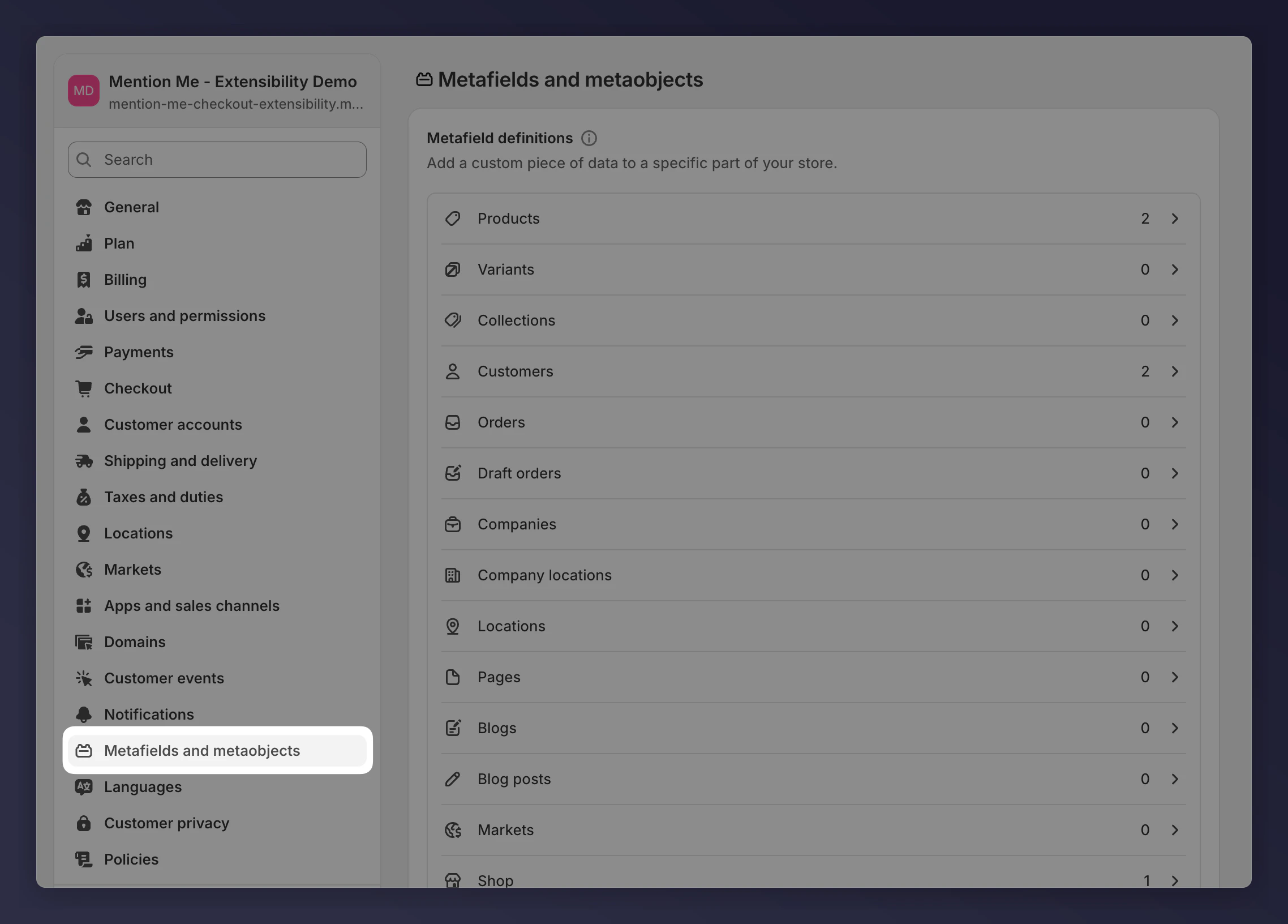 Shopify admin Settings showing Metafields and metaobjects