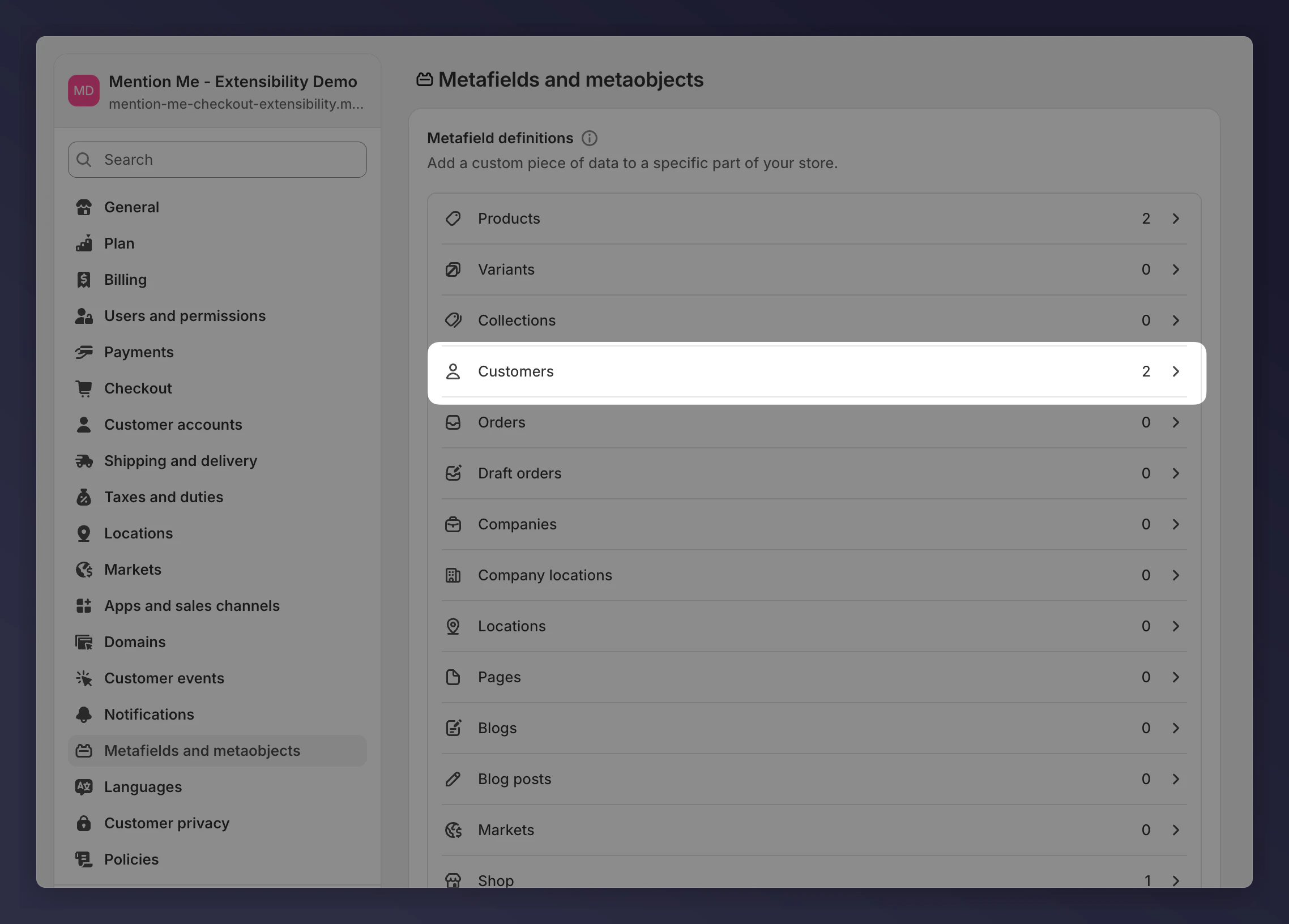 Selecting Customers metafield category