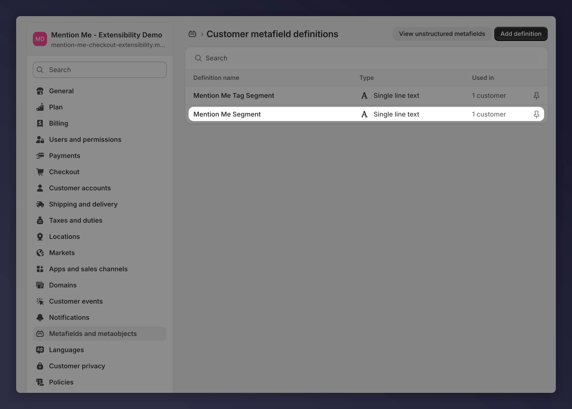 Selecting a customer metafield for Mention Me