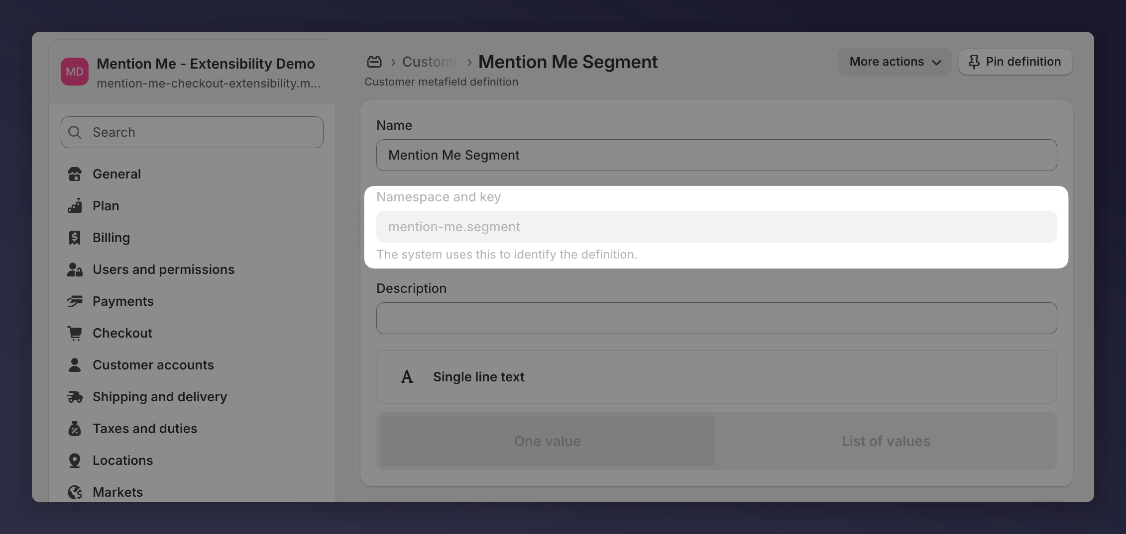 Metafield namespace and key value