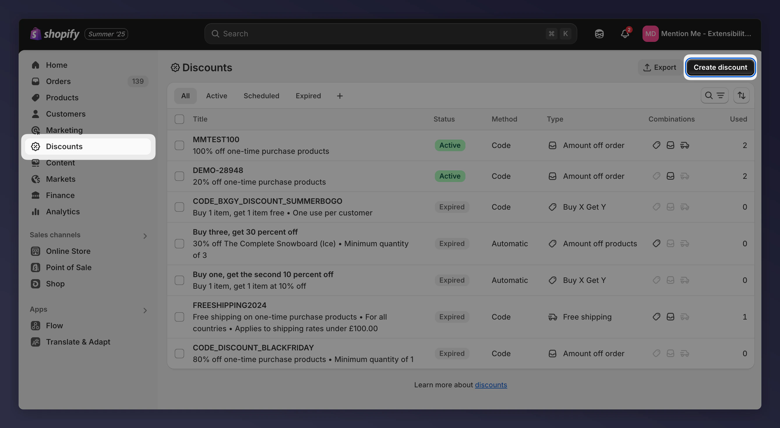 Shopify discount code configuration with usage limits