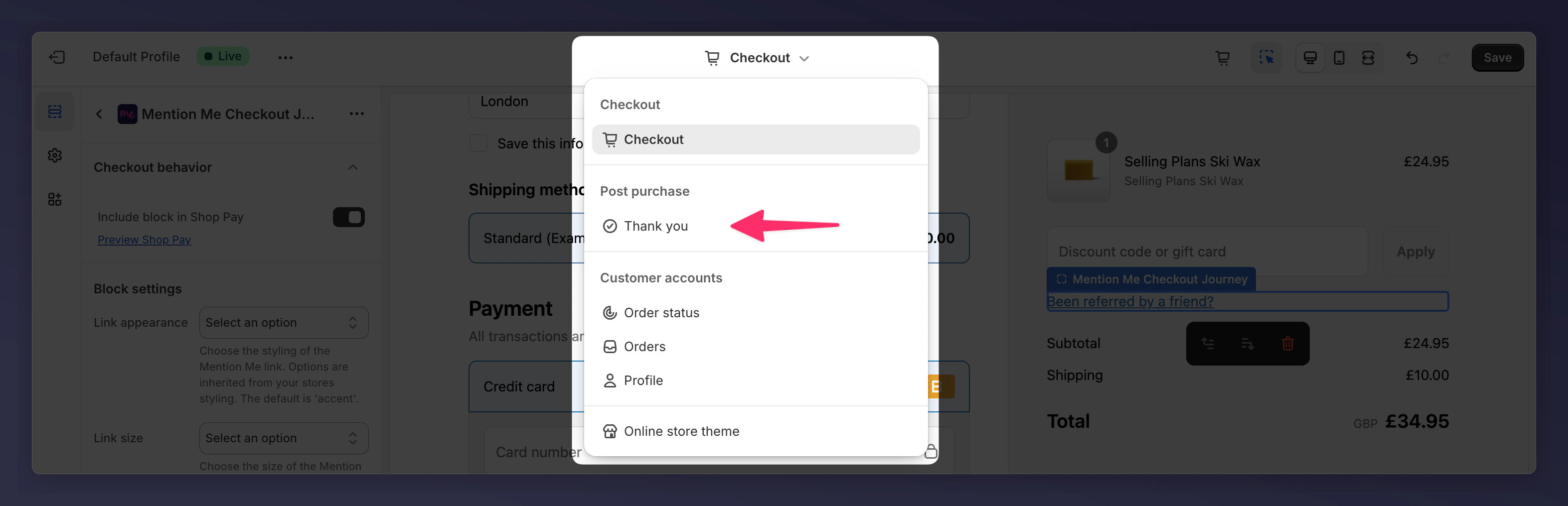 Shopify checkout editor page selector showing Thank You page