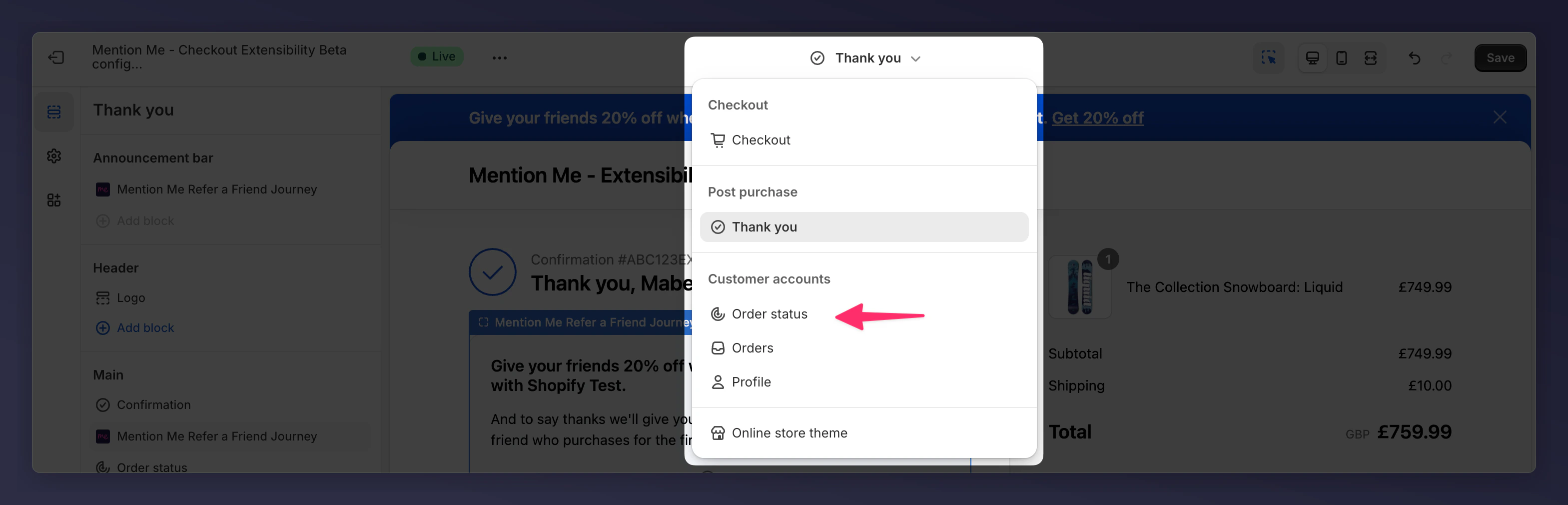 Shopify checkout editor page selector showing Order Status