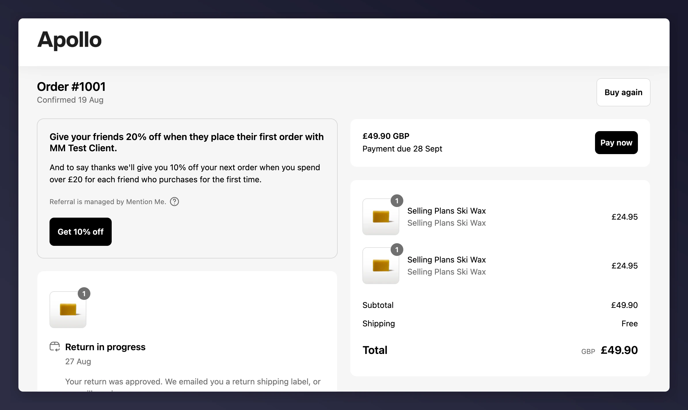 Adding Mention Me Refer a Friend Journey to Order Status Main section