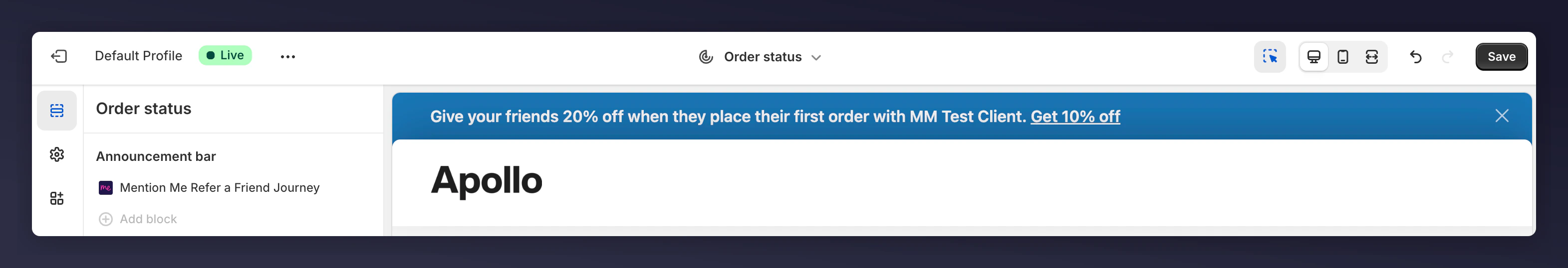 Mention Me announcement banner on Order Status page