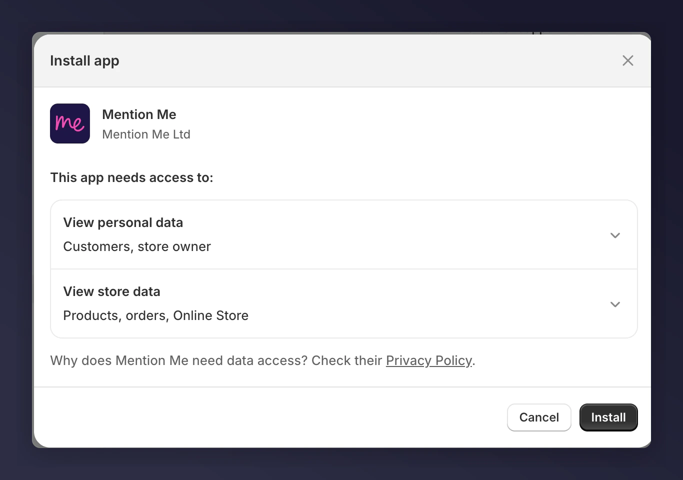 Mention Me Shopify App install page