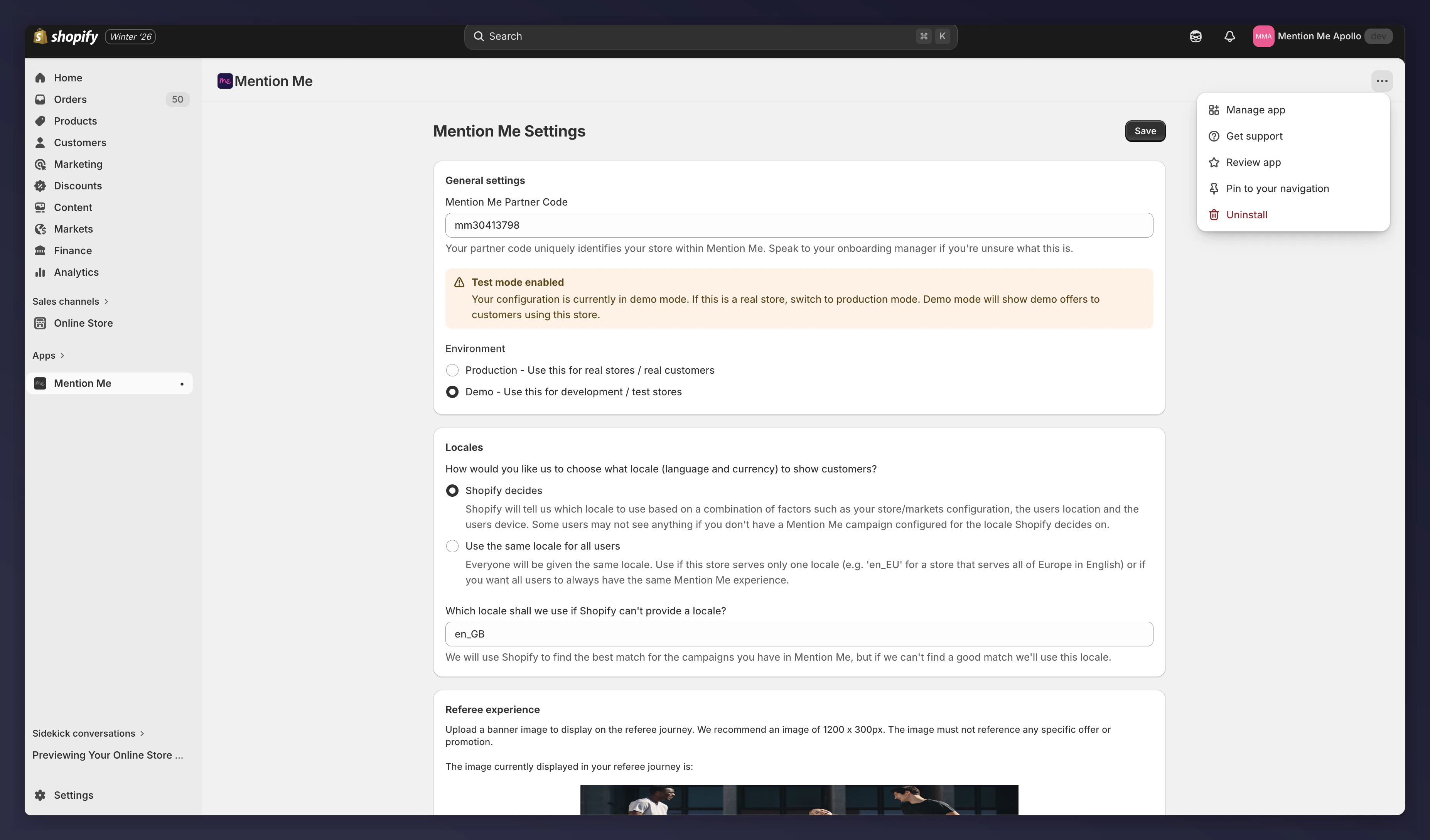 Uninstalling the old Mention Me Shopify app