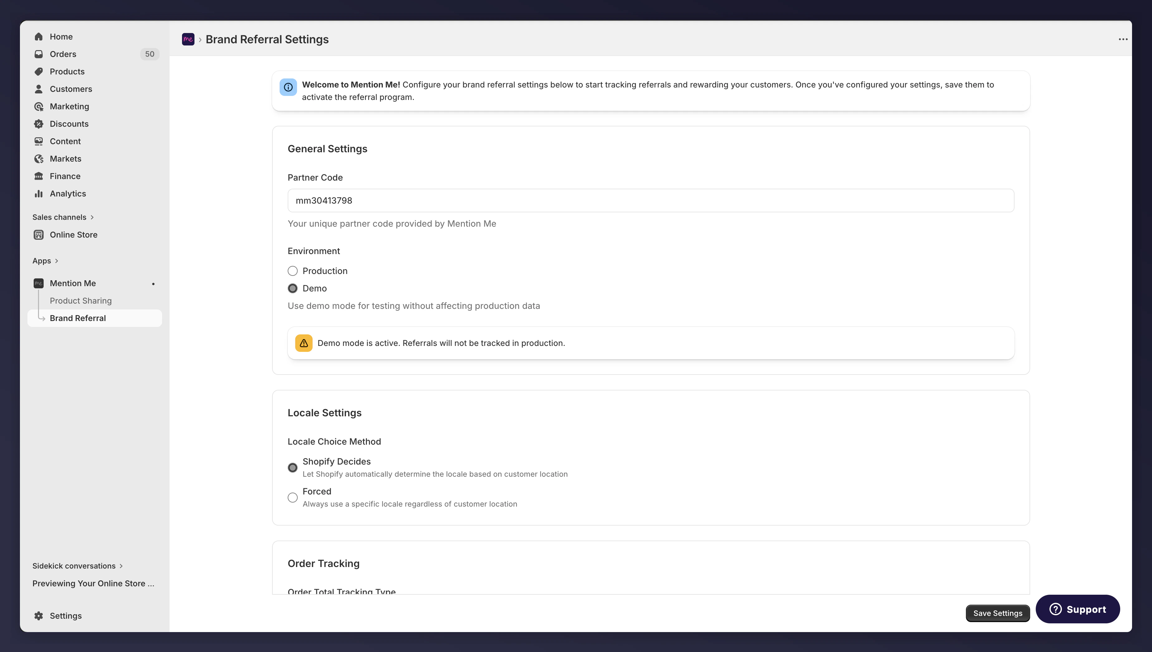 Brand Referral settings in new Mention Me app
