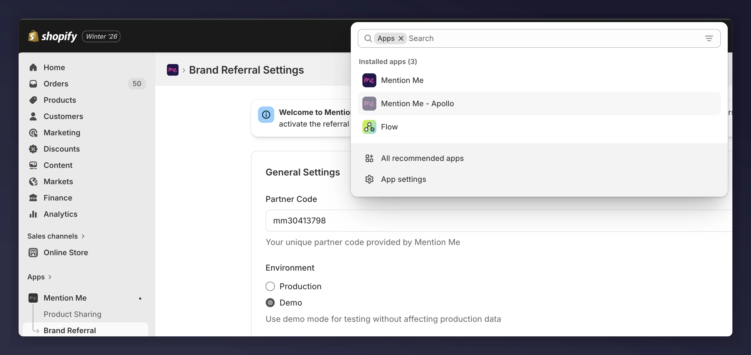 Shopify Apps menu showing old Mention Me app