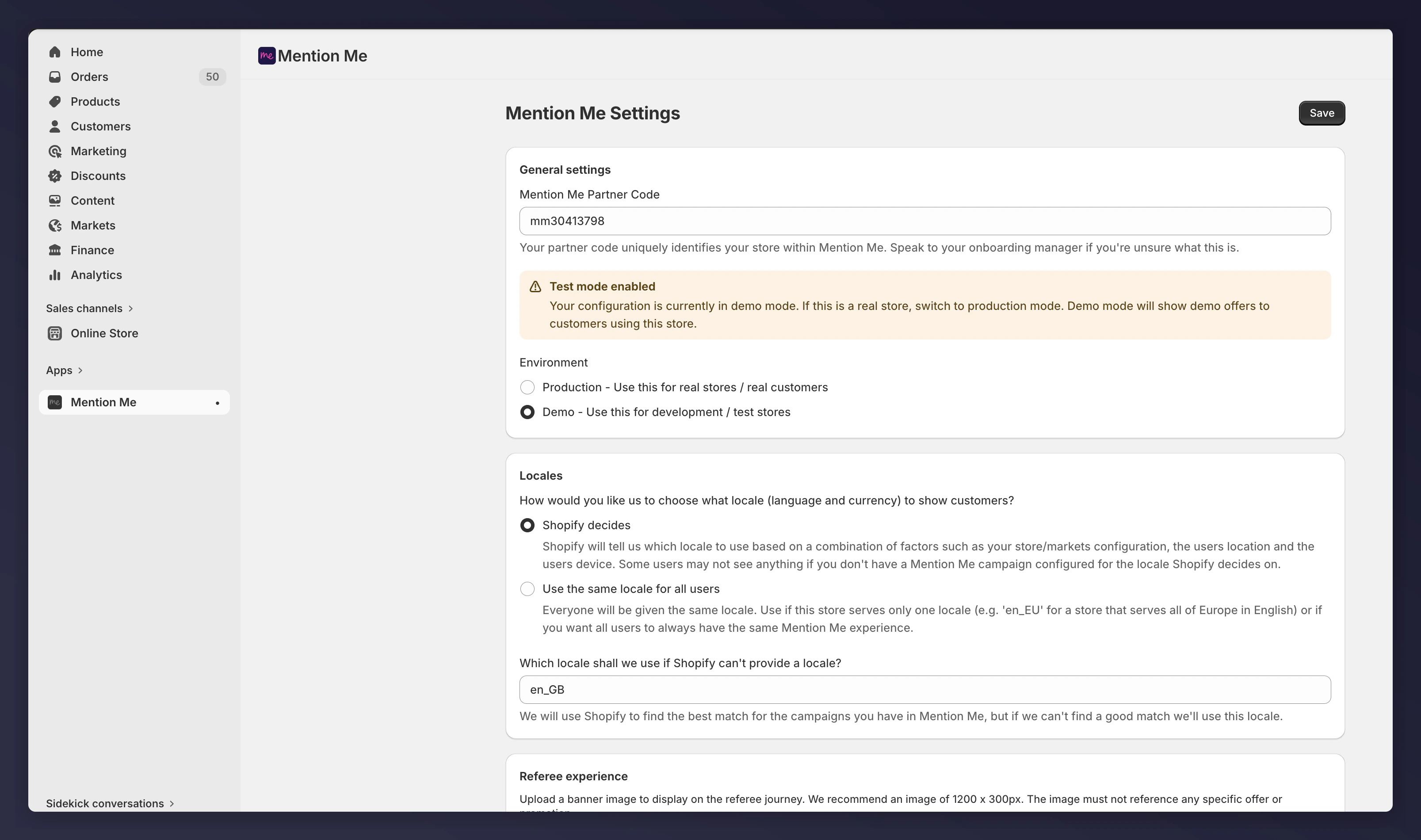 Old Mention Me app settings for comparison