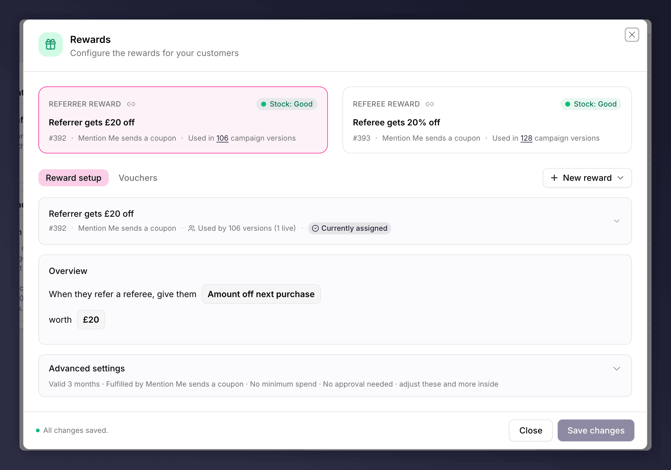The Rewards section editor showing the referrer and referee reward tabs