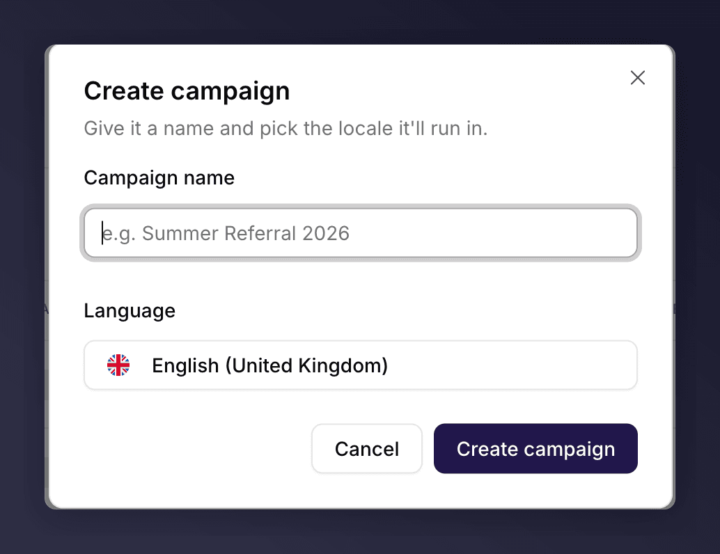 The Create campaign dialog with name and language fields