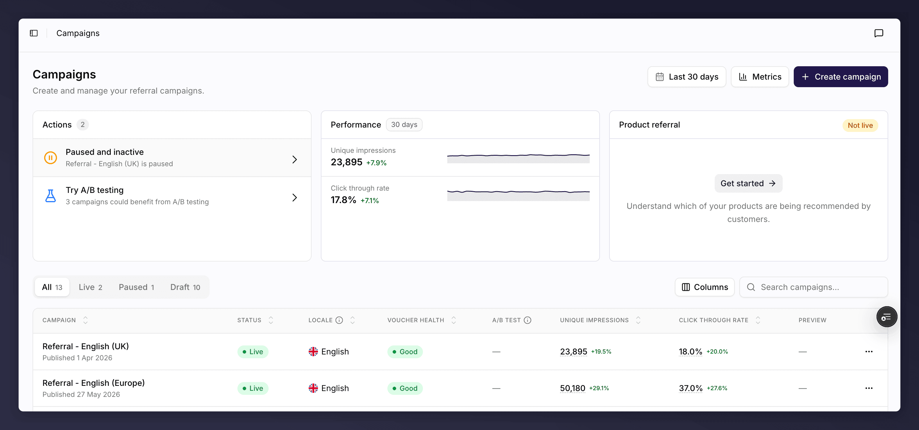 The Campaigns list page with status pills and summary cards
