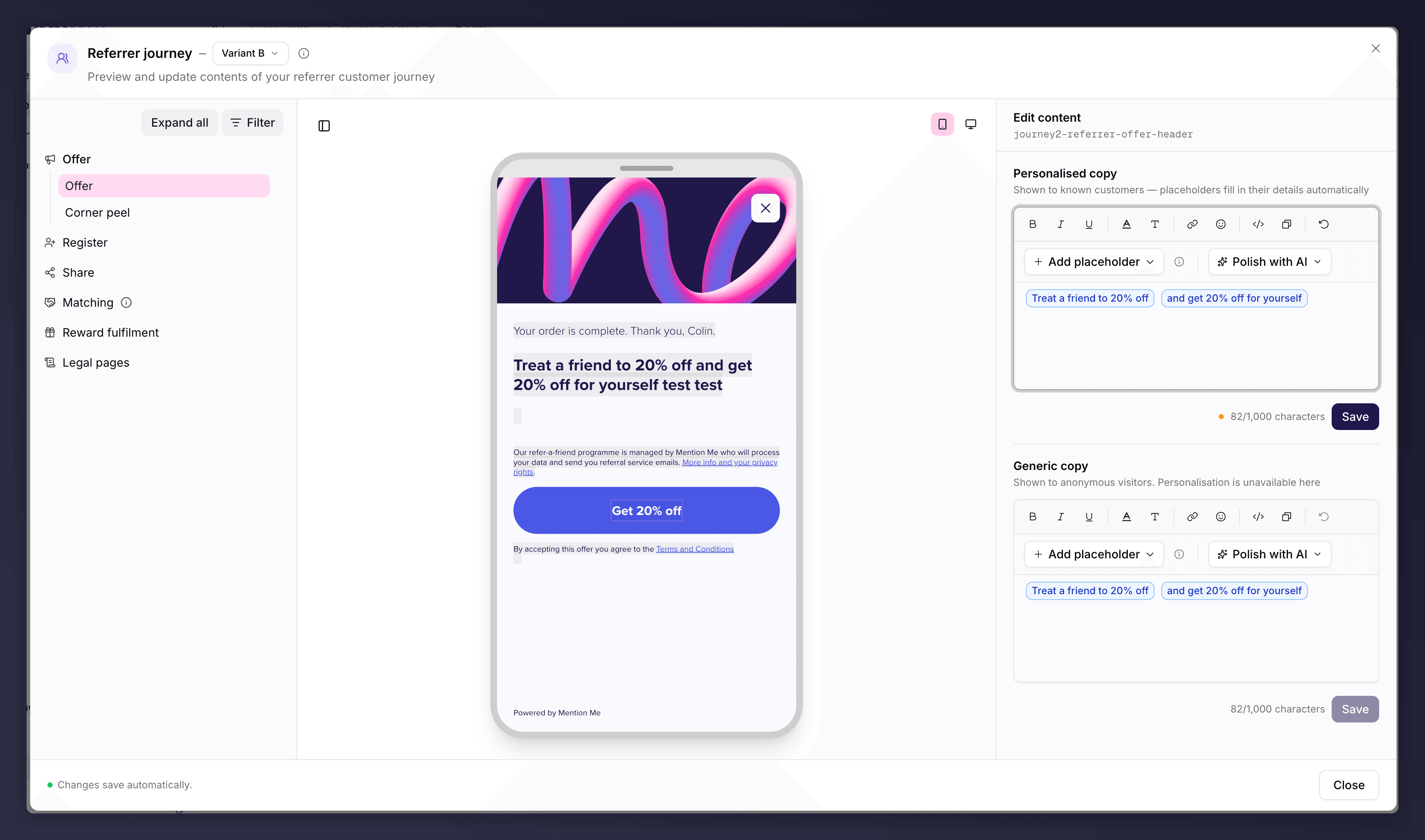 The journey editor showing the step list and content editor