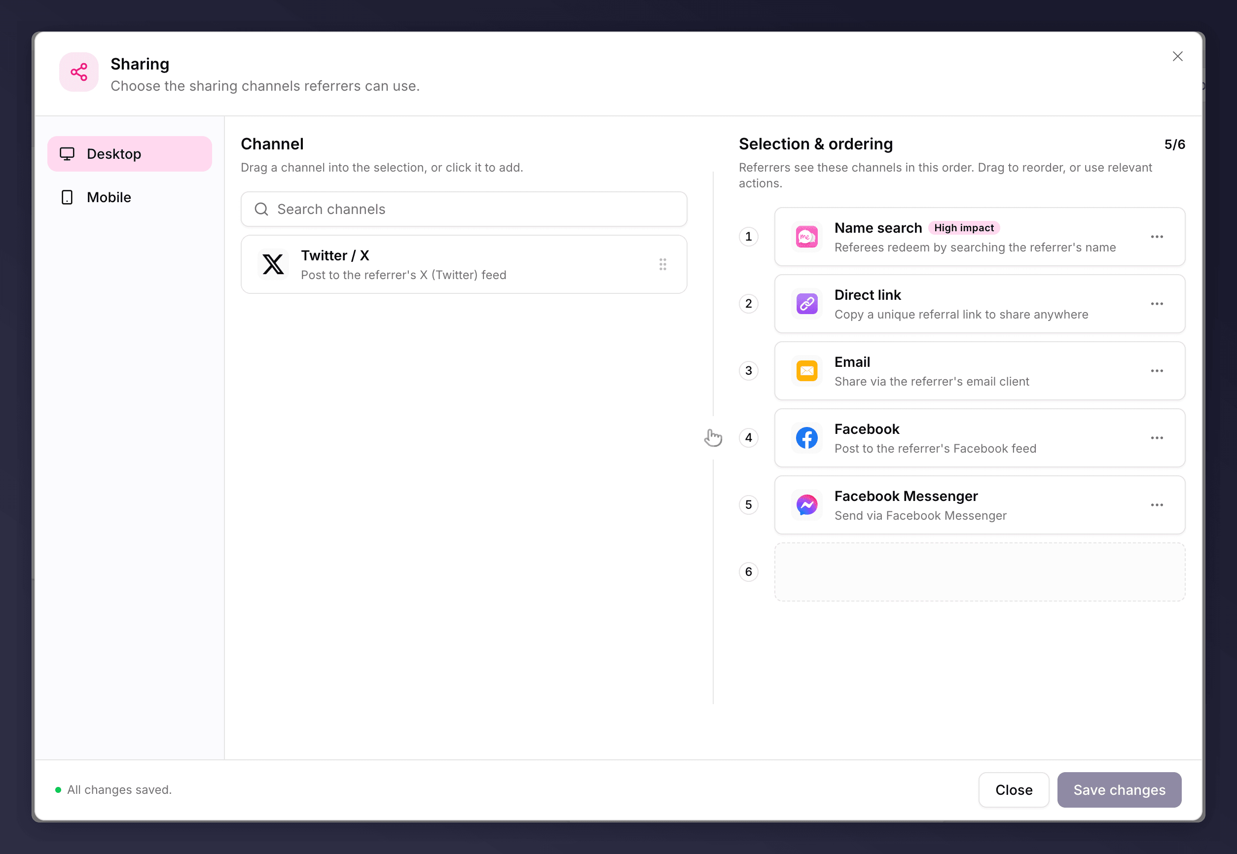 The Sharing section editor showing channels per device