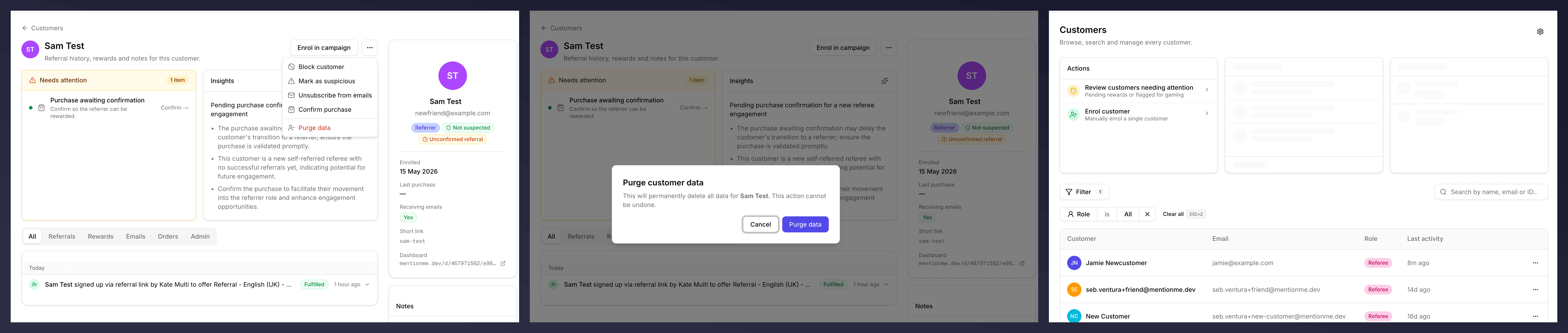 Clicking Purge data, confirming, and seeing the row disappear from the list