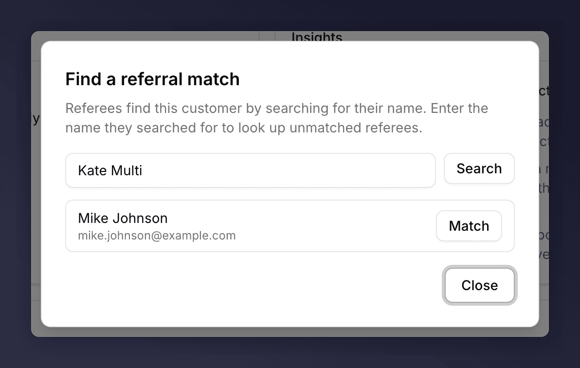 Side sheet listing duplicate search matches with a Link button for each
