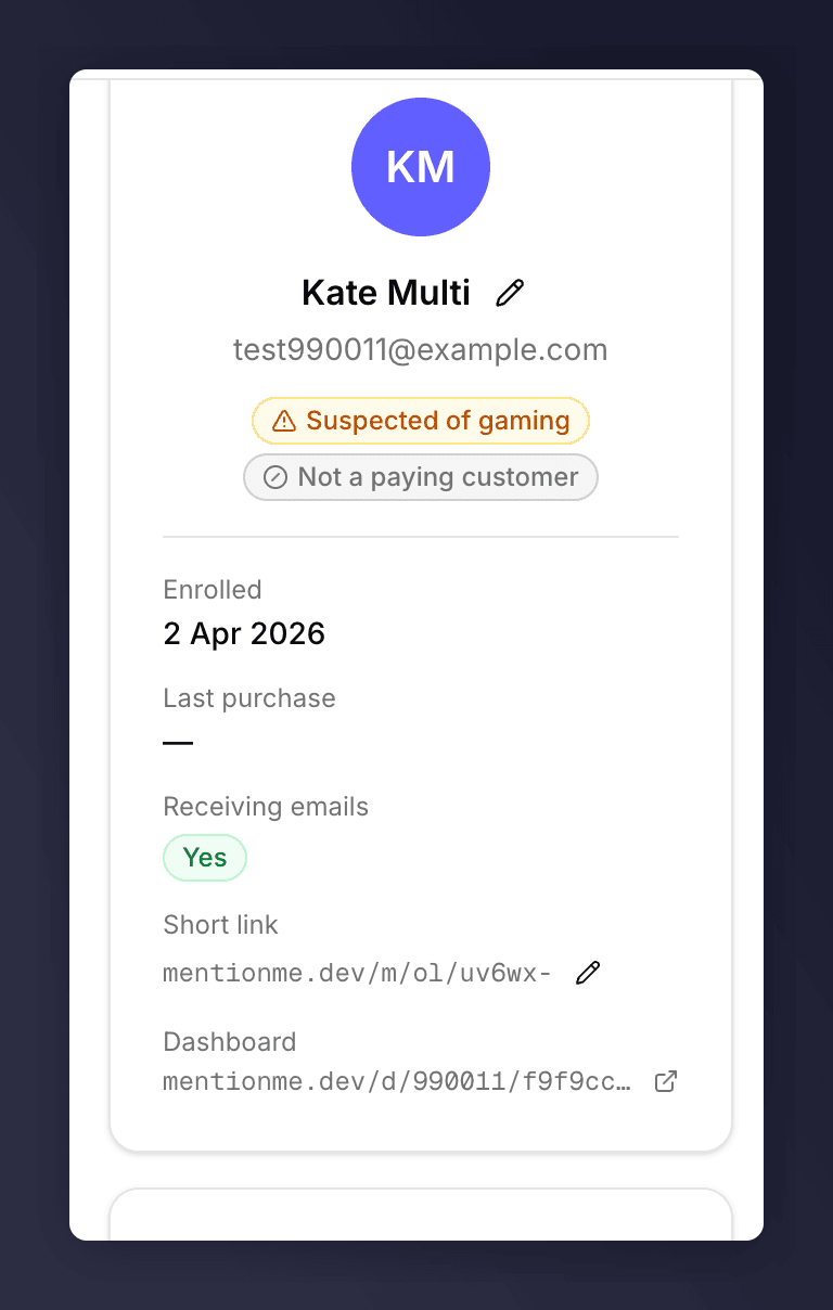 Side panel with hover-revealed pencil icons next to the customer's name and short link