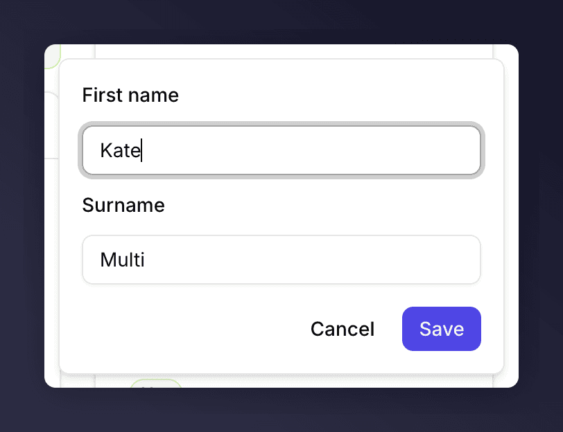 Inline form with First name and Surname fields and a Save button