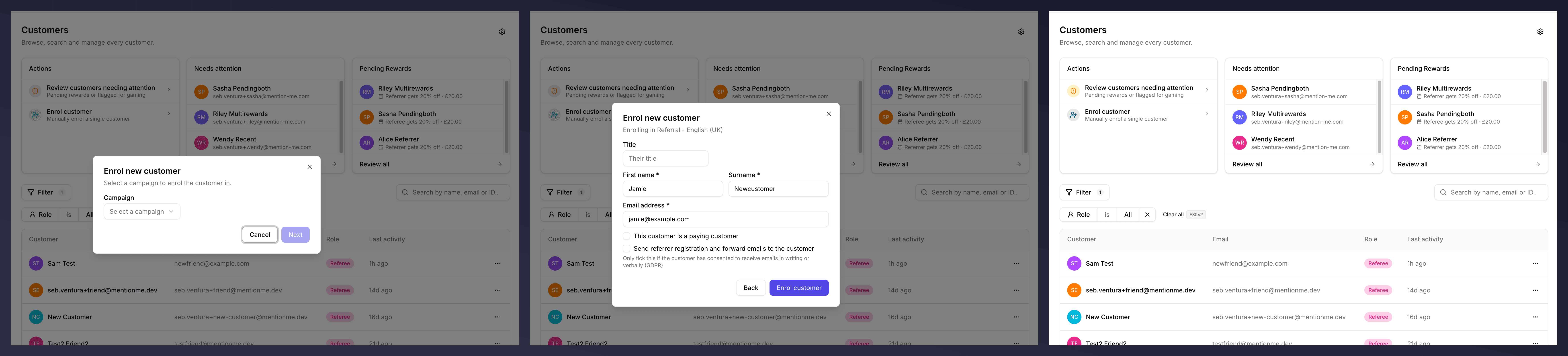End-to-end flow from clicking Enrol customer to seeing the new row at the top of the table
