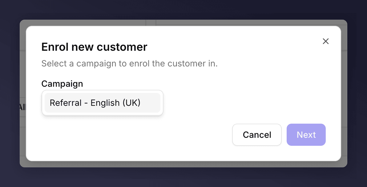 Modal titled Enrol new customer with the Campaign dropdown open