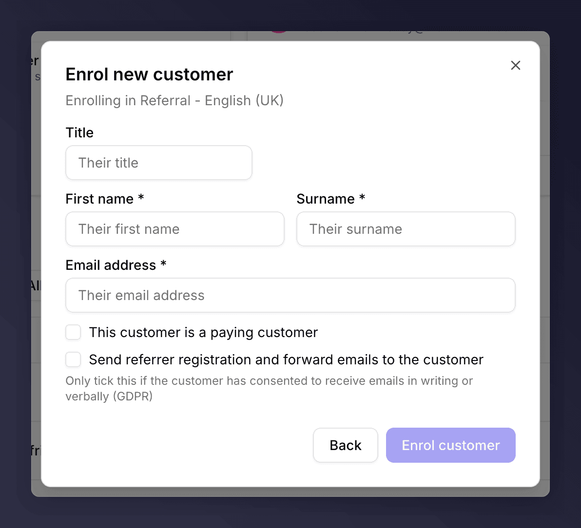 Customer details form with name, email, and consent checkboxes