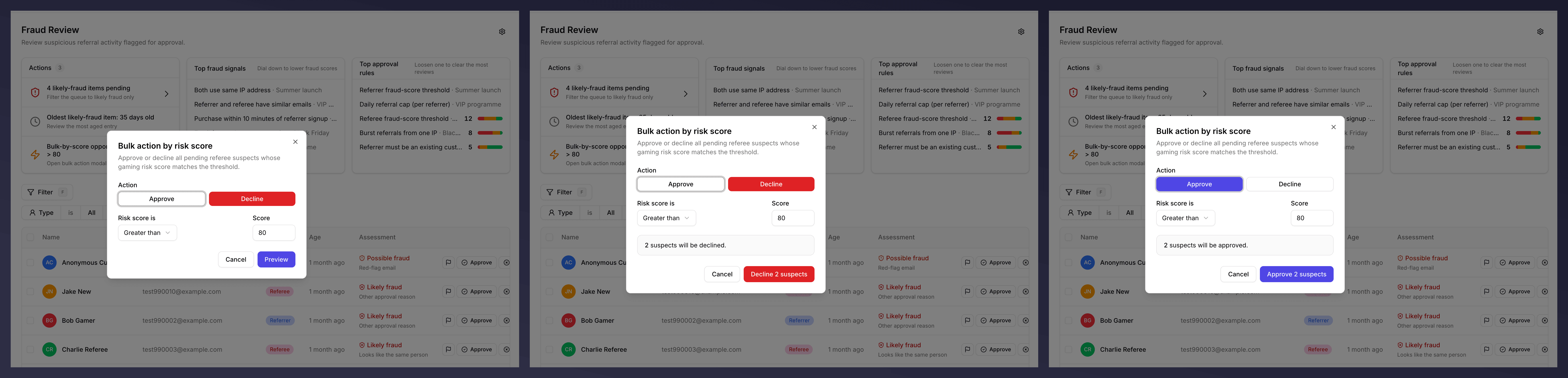 Bulk-by-score modal showing the score threshold slider and a preview of affected rows