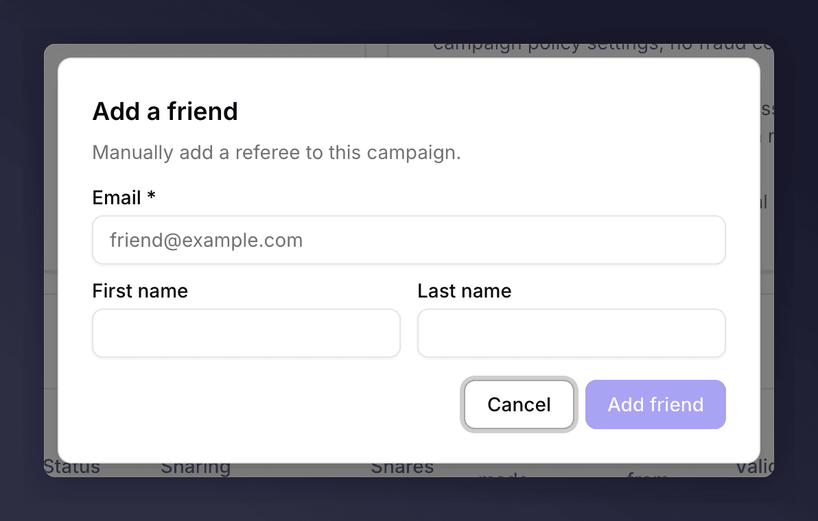 Form titled Add a friend with Email, First name, Last name fields