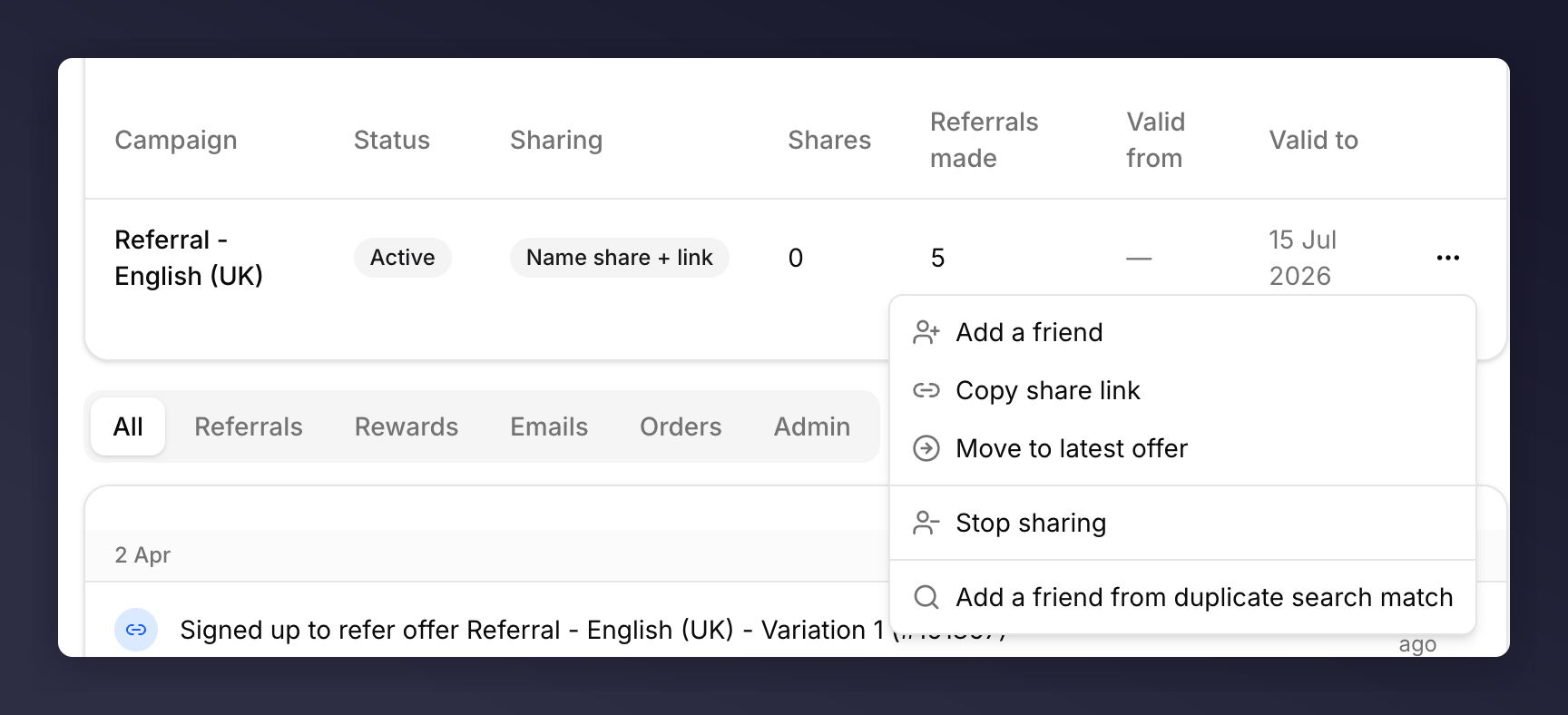 Overflow menu showing Add a friend, Copy share link, Move to latest offer, Stop sharing