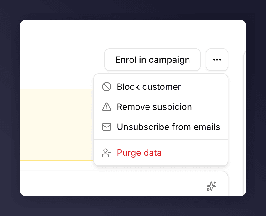 Actions menu with Block customer, Remove suspicion, Unsubscribe from emails, Purge data options