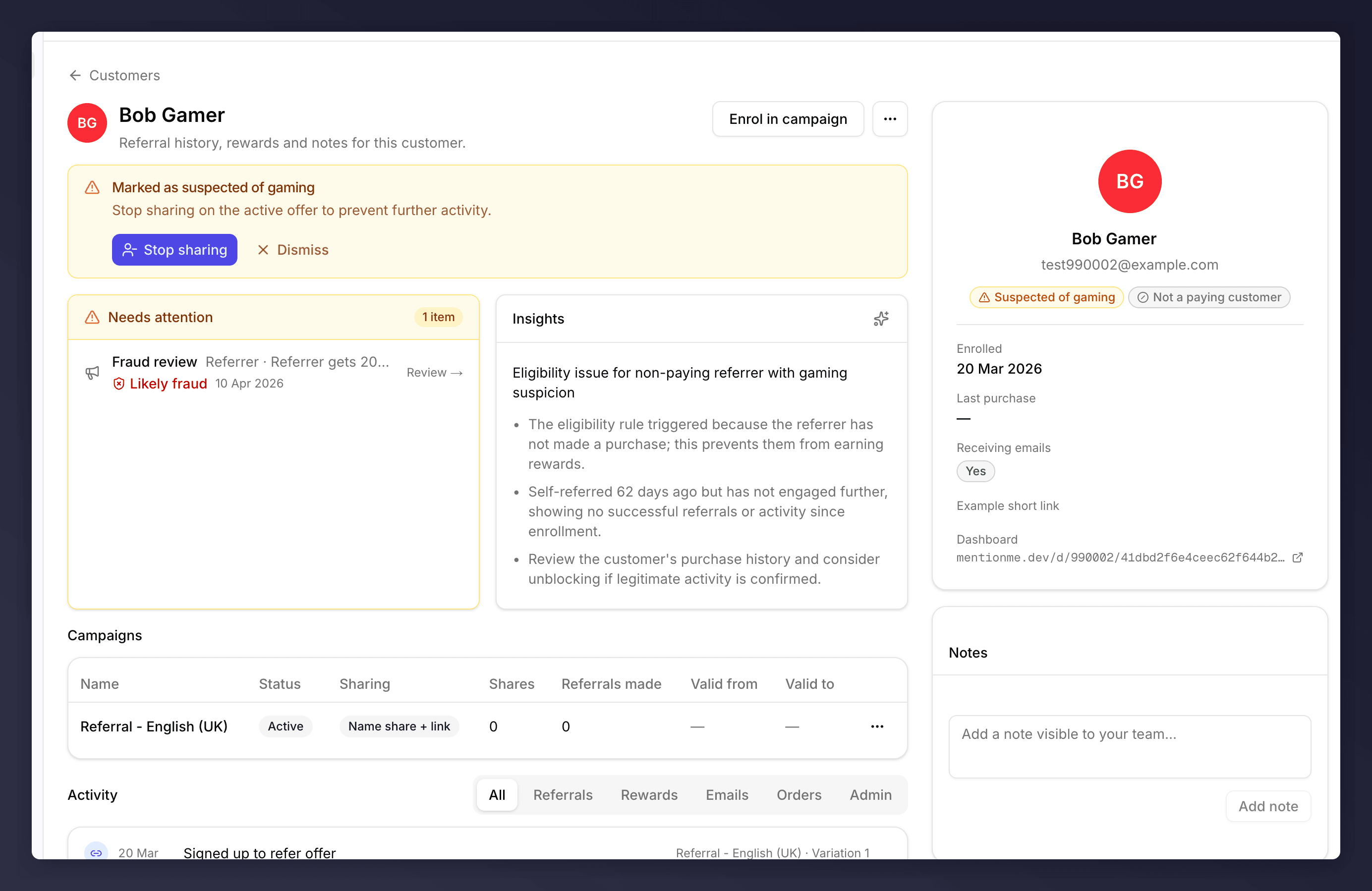 A referrer's profile with the gaming banner, Needs attention card, Insights, and Campaigns