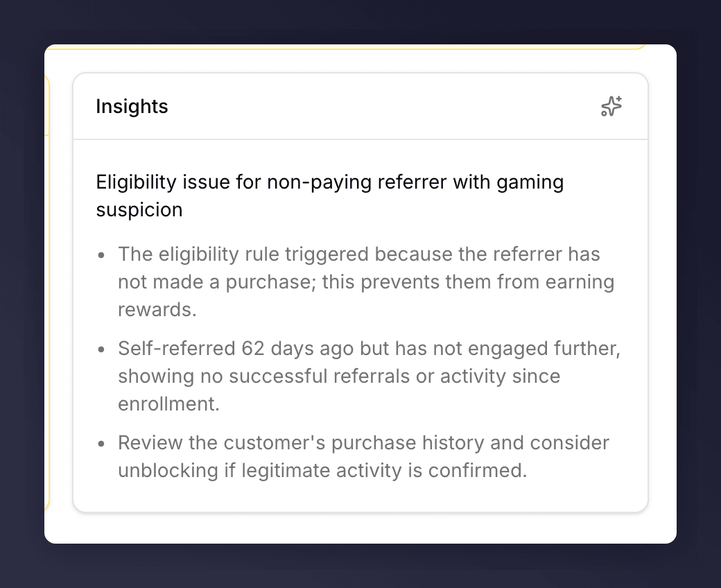 Insights card summarising the customer's history in three bullet points